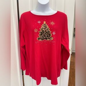 Quacker Factory Red Christmas Tree Rhinestone Embellished Women's Top